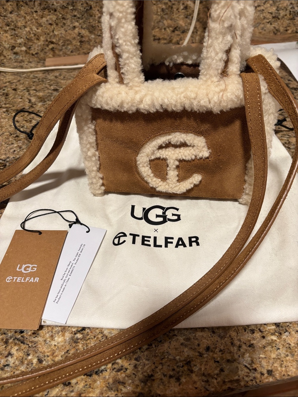 Telfar x UGG Brown Suede Mini Tote with Cream Shearling Trim